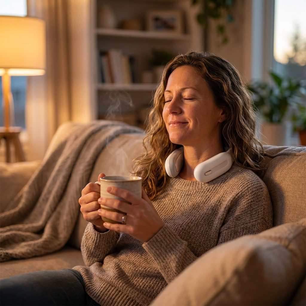 Woman relaxing with a warm drink, wearing the Knotvana